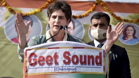 Earlier, Priyanka Gandhi Vadra addressed the Kisan panchayat in the Bijnor district of Uttar Pradesh on February 15.(PTI) Earlier, Priyanka Gandhi Vadra addressed the Kisan panchayat in the Bijnor district of Uttar Pradesh on February 15.(PTI)