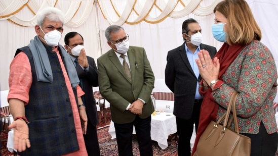 Lt. Gov. Manoj Sinha interacts with foreign envoys, who are on a two-day visit to Jammu and Kashmir, in Jammu, (PTI) Lt. Gov. Manoj Sinha interacts with foreign envoys, who are on a two-day visit to Jammu and Kashmir, in Jammu, (PTI)