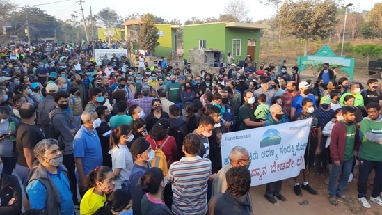 Protests against the tree park project at Turahalli reserve forest area in Karnataka(HT Photo)