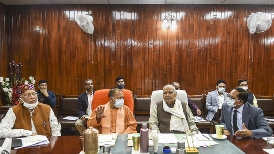 Uttar Pradesh chief minister Yogi Adityanath, Assembly Speaker HN Dixit and others attend an all-party meeting, ahead of the Budget Session, in Lucknow on Wednesday, February 17. (PTI)