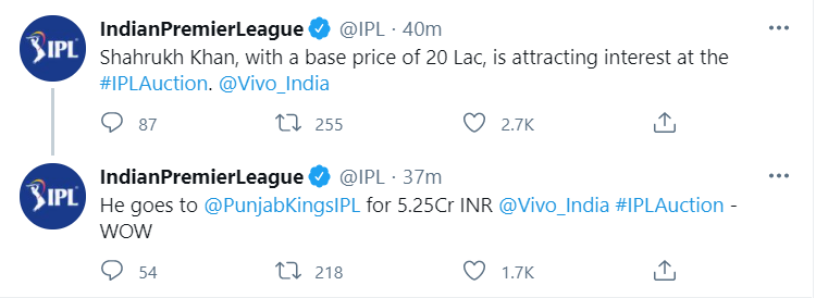 Shahrukh Khan had a base price of  ₹20 lakh.