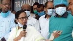 West Bengal Chief Minister Mamata Banerjee at the SSKM Government Hospital where she met state labour minister Jakir Hossain, in Kolkata on Thursday. (ANI PHOTO). West Bengal Chief Minister Mamata Banerjee at the SSKM Government Hospital where she met state labour minister Jakir Hossain, in Kolkata on Thursday. (ANI PHOTO).