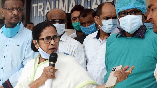 West Bengal Chief Minister Mamata Banerjee at the SSKM Government Hospital where she met state labour minister Jakir Hossain, in Kolkata on Thursday. (ANI PHOTO). West Bengal Chief Minister Mamata Banerjee at the SSKM Government Hospital where she met state labour minister Jakir Hossain, in Kolkata on Thursday. (ANI PHOTO).