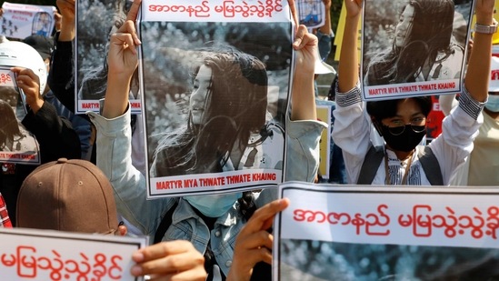 Protesters had already hailed Mya Thwet Thwet Khine as a hero and commemorated her during demonstrations earlier this week. (AP Photo, File) (AP) Protesters had already hailed Mya Thwet Thwet Khine as a hero and commemorated her during demonstrations earlier this week. (AP Photo, File) (AP)