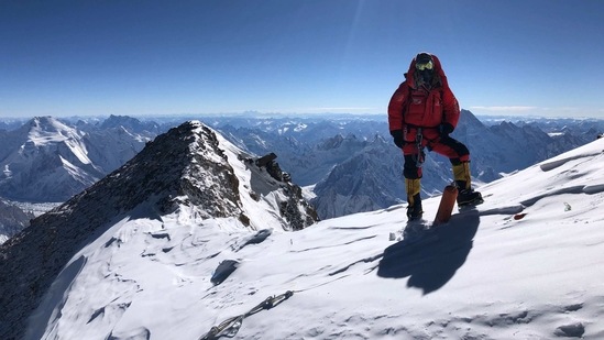 Mingma Gyalje Sherpa on the way up K2. Gyalje’s team of Kili Pemba Sherpa and Dawa Tenjing Sherpa joined Nirmal Purja and his six-man also-all-Nepali team and eventually linked arms at the summit so that their historic feat would be achieved by all 10 men as one.(Courtesy Mingma Gyalje Sherpa)