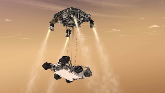 The rover which is Nasa’s largest ever ‘robotic geologist and astrobiologist’ will conduct several experiments over the next two years to determine whether the Red Planet harboured life.(Illustration/@NASAJPL/Twitter)