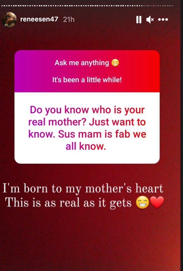 Renee's response to a question about her biological mother. Renee's response to a question about her biological mother.