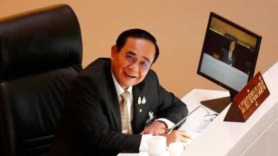 Thailand Prime Minister Prayuth Chan-ocha smiles in parliament after a no-confidence vote against him was defeated in Bangkok, Thailand Saturday, Feb. 20, 2021.(AP) Thailand Prime Minister Prayuth Chan-ocha smiles in parliament after a no-confidence vote against him was defeated in Bangkok, Thailand Saturday, Feb. 20, 2021.(AP)