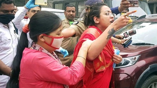 In a video that went viral, Goswami could be seen raising the allegations while she was being taken to Alipore court for a drug case, in Kolkata on Saturday. (ANI PHOTO). In a video that went viral, Goswami could be seen raising the allegations while she was being taken to Alipore court for a drug case, in Kolkata on Saturday. (ANI PHOTO).