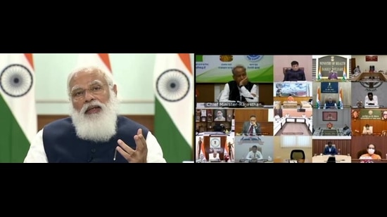 Prime Minister Narendra Modi addressing the sixth meeting of the governing council of Niti Aayog, via video conference, in New Delhi on Saturday. (ANI)
