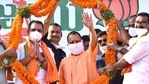 Uttar Pradesh CM Yogi Adityanath being garlanded during the BJP's Vijaya Yatra from Kasaragod on Sunday. (ANI Photo) Uttar Pradesh CM Yogi Adityanath being garlanded during the BJP's Vijaya Yatra from Kasaragod on Sunday. (ANI Photo)