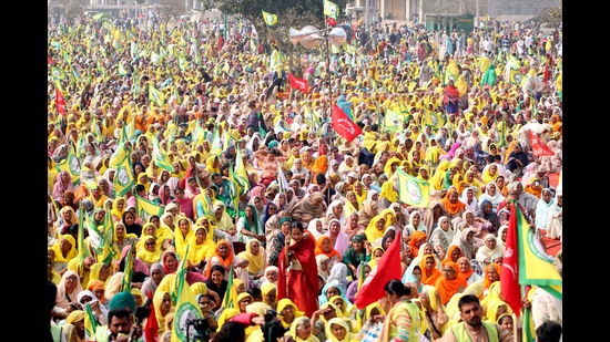 Farmers during a rally in Barnala on Sunday. (Sanjeev Kumar/HT)