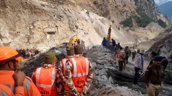 Chamoli: NDRF personnel carry out rescue and restoration work at Tapovan area, (PTI) Chamoli: NDRF personnel carry out rescue and restoration work at Tapovan area, (PTI)