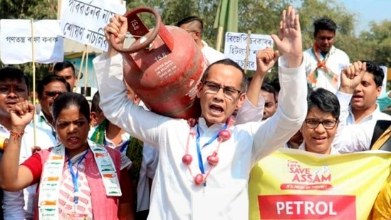 Congress MP Gaurav Gogoi along with other senior party leaders stage a protest against the fuel price hike, in Golaghat. (PTI) Congress MP Gaurav Gogoi along with other senior party leaders stage a protest against the fuel price hike, in Golaghat. (PTI)