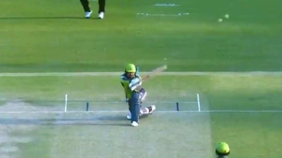 Rashid Khan plays the helicopter shot against Peshawar Zalmi in PSL 2021(Twitter)