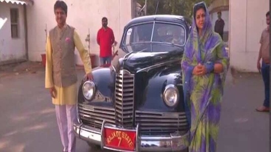 Royal family members Mandhatasingh Jadeja and Kadambari Devi Jadeja cast their votes in Rajkot.
