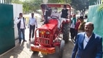 Patna: RJD leader Tejashwi Yadav rides a tractor during a protest against the new farm laws and fuel price rise amid the Budget Session of Bihar Assembly, in Patna, Monday,(PTI) Patna: RJD leader Tejashwi Yadav rides a tractor during a protest against the new farm laws and fuel price rise amid the Budget Session of Bihar Assembly, in Patna, Monday,(PTI)