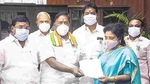 Puducherry Chief Minister V Narayanasamy hands over his resignation letter to Lt Governor Dr Tamilisai Soundararajan after he failed to prove his majority in the assembly, in Puducherry, Feb. 22. (PTI) Puducherry Chief Minister V Narayanasamy hands over his resignation letter to Lt Governor Dr Tamilisai Soundararajan after he failed to prove his majority in the assembly, in Puducherry, Feb. 22. (PTI)