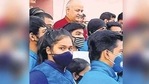 Delhi deputy chief minister Manish Sisodia (in red shirt) with schoolchildren. Delhi deputy chief minister Manish Sisodia (in red shirt) with schoolchildren.