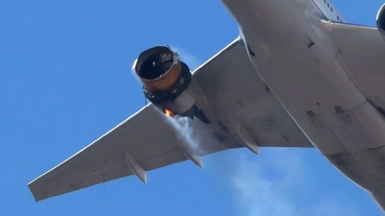 United Airlines flight UA328, carrying 231 passengers and 10 crew on board, returns to Denver International Airport with its starboard engine on fire after it called a Mayday alert, over Denver, Colorado, US. (REUTERS) United Airlines flight UA328, carrying 231 passengers and 10 crew on board, returns to Denver International Airport with its starboard engine on fire after it called a Mayday alert, over Denver, Colorado, US. (REUTERS)