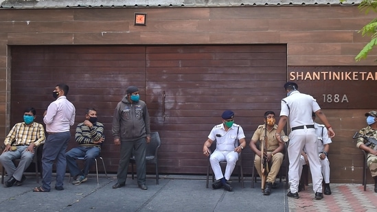 Police personnel deployed outside TMC MP Abhisekh Banerjee's residence after a CBI team reached his house in connection with an investigation into an alleged coal smuggling case, in Kolkata. (PTI Photo)