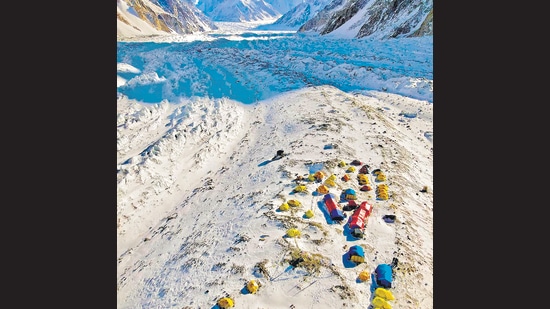 An aerial view of the K2 Base Camp in the Gilgit-Baltistan region of northern Pakistan. In winter temperatures on K2 can plummet to -30 degrees Celsius, with raging winds blowing at up to 65 kmph making it feel more like -60. (AFP) An aerial view of the K2 Base Camp in the Gilgit-Baltistan region of northern Pakistan. In winter temperatures on K2 can plummet to -30 degrees Celsius, with raging winds blowing at up to 65 kmph making it feel more like -60. (AFP)