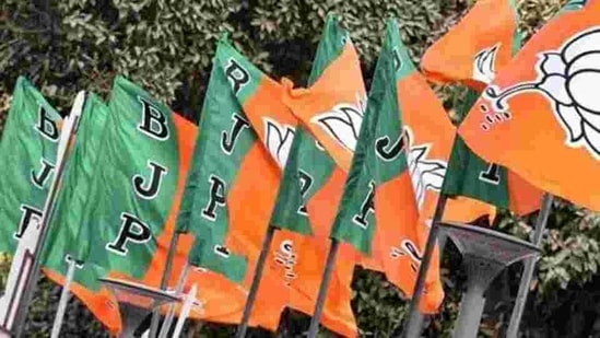 BJP flags at party headquarters in New Delhi.(Mohd Zakir/HT PHOTO)