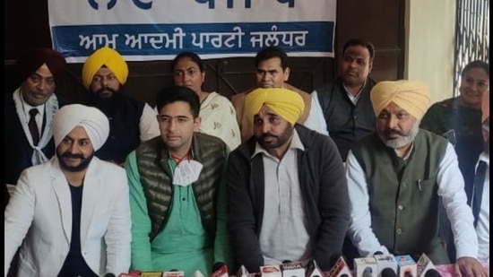 (From left) Aam Aadmi Party Delhi legislators and Punjab affairs in-charge Jarnail Singh and co-incharge Raghav Chadha, state unit chief Bhagwant Mann and state leader of opposition Harpal Singh Cheema in Jalandhar on Monday. (HT Photo)