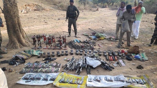 Small arms and gun making equipment seized from a Maoist gun factory in Munger on Monday.(Munger Police )