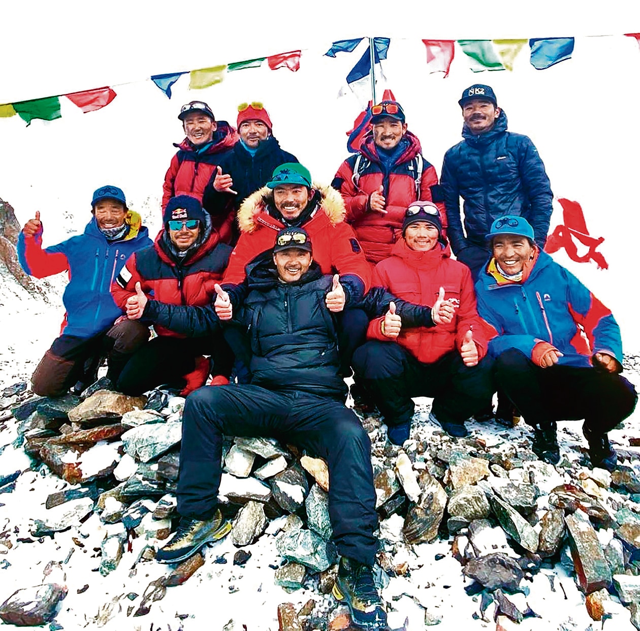 The ten mountaineers — Mingma Gyalje Sherpa, Mingma Tenzi Sherpa, Gelje Sherpa, Nirmal Purja, Kili Pemba Sherpa, Dawa Tenjing Sherpa, Sona Sherpa, Mingma David Sherpa, Pem Chhiri Sherpa, Dawa Temba Sherpa — pose for a photograph at base camp, after their history-making climb. (AFP) The ten mountaineers — Mingma Gyalje Sherpa, Mingma Tenzi Sherpa, Gelje Sherpa, Nirmal Purja, Kili Pemba Sherpa, Dawa Tenjing Sherpa, Sona Sherpa, Mingma David Sherpa, Pem Chhiri Sherpa, Dawa Temba Sherpa — pose for a photograph at base camp, after their history-making climb. (AFP)