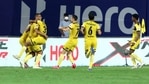 Hyderabad FC playes celebrating a goal during an ISL 2021 match(Hyderabad FC / Twitter)