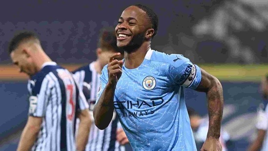 Soccer Football - Premier League - West Bromwich Albion v Manchester City - The Hawthorns, West Bromwich, Britain - January 26, 2021 Manchester City's Raheem Sterling celebrates scoring their fifth goal Pool via REUTERS/Laurence Griffiths EDITORIAL USE ONLY. No use with unauthorized audio, video, data, fixture lists, club/league logos or 'live' services. Online in-match use limited to 75 images, no video emulation. No use in betting, games or single club /league/player publications. Please contact your account representative for further details.(Pool via REUTERS)