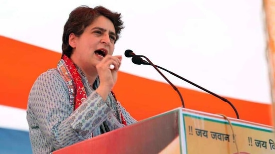 Congress leader Priyanka Gandhi Vadra addresses a Kisan Panchayat in Mathura on Tuesday. (ANI photo) Congress leader Priyanka Gandhi Vadra addresses a Kisan Panchayat in Mathura on Tuesday. (ANI photo)