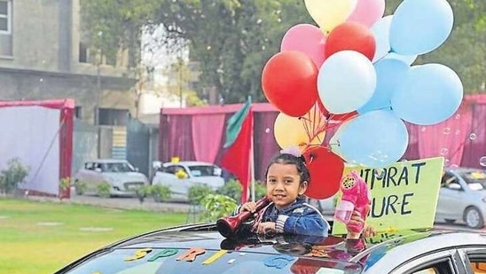 A student taking part in the ‘drive-thru’ carnival at BCM Arya Model Senior Secondary School, Shastri Nagar, Ludhiana.