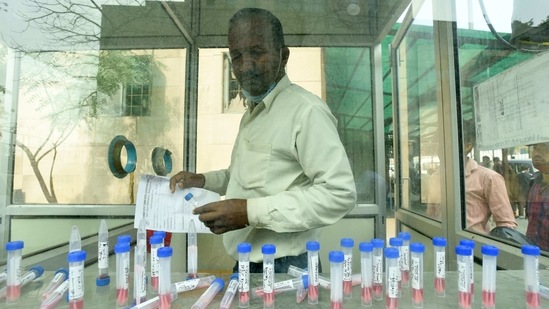 Swab samples taken to test for Covid-19 infection placed in a health worker’s kiosk at a district hospital in Noida on February 22. Five states and UTs of Chandigarh, Goa, Andhra Pradesh, Kerala, and Maharashtra have logged weekly test positivity rates higher than the national average. While the national average is 1.79%, Maharashtra has the highest weekly positivity rate with 8.10%, the health ministry stated. (Sunil Ghosh / HT Photo)