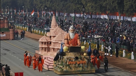 Tableaux of Uttar Pradesh portraying Hindu god Ram's temple on Republic Day. (AP) Tableaux of Uttar Pradesh portraying Hindu god Ram's temple on Republic Day. (AP)