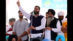 Lakha Sidhana, wanted by Delhi Police in the Republic Day violence case, speaking at a rally in Mehraj villageof Punjab’s Bathinda district on Tuesday. (Sanjeev Kumar /HT) Lakha Sidhana, wanted by Delhi Police in the Republic Day violence case, speaking at a rally in Mehraj villageof Punjab’s Bathinda district on Tuesday. (Sanjeev Kumar /HT)