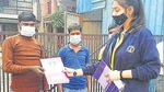 School students distribute home-made face masks among people from the weaker sections of society. School students distribute home-made face masks among people from the weaker sections of society.