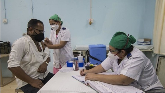 A man being vaccinated against Covid-19 at Rajawadi Hospital in Mumbai, on February 22. (Pratik Chorge/HT Photo) A man being vaccinated against Covid-19 at Rajawadi Hospital in Mumbai, on February 22. (Pratik Chorge/HT Photo)