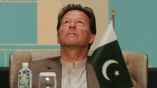 Pakistan's Prime Minister Imran Khan Khan looks on at the Trade and Investments conference during his two-day visit in Colombo, Sri Lanka February 24, 2021. (REUTERS)