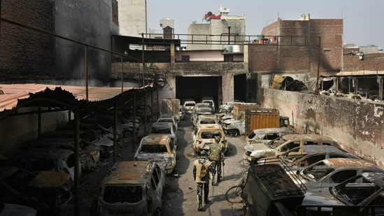 A view of the parking lot in Shiv Vihar where vehicles were burnt during the Delhi riots in February 2020.  (Biplov Bhuyan / HT Archive)