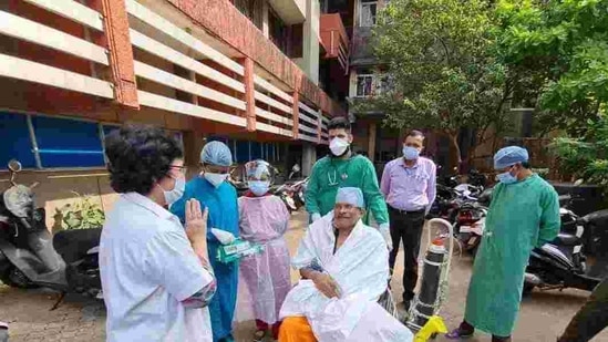 Union minister Shripad Naik outside the Goa Medical College and Hospital on Tuesday.(ANI Photo)