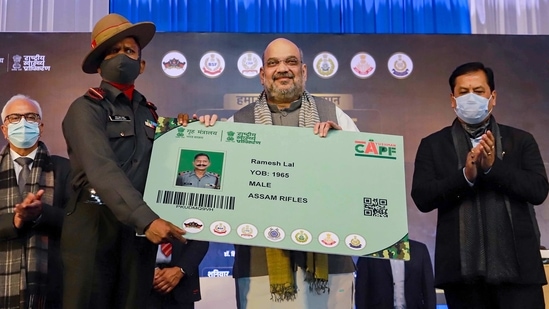 Union Home Minister Amit Shah launches 'Ayushman scheme' for personnel of the Central Armed Police Forces (CAPF), in Guwahati, Saturday, Jan. 23, 2021. (PTI)