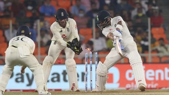 Virat Kohli gets dismissed by Jack Leach just before the stumps on day 1 of the third India vs England Test in Ahmedabad. (BCCI)