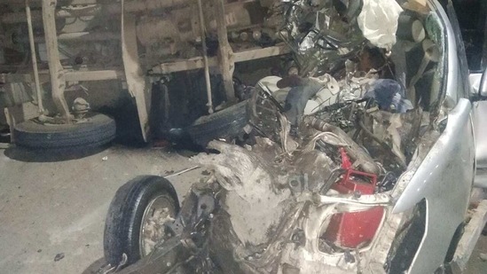 The car was completely crushed on impact(HT Photo) The car was completely crushed on impact(HT Photo)