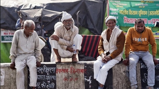 A group of protesting farmers at Ghazipur Border, in New Delhi on Tuesday. (File photo) A group of protesting farmers at Ghazipur Border, in New Delhi on Tuesday. (File photo)