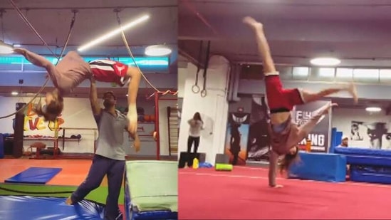 Disha Patani performing gymnastics. 