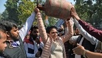 Indian youth Congress members protest against the hike in prices of petrol, diesel and LPG cylinders outside Shastri Bhawan, in New Delhi on Saturday. (ANI Photo) Indian youth Congress members protest against the hike in prices of petrol, diesel and LPG cylinders outside Shastri Bhawan, in New Delhi on Saturday. (ANI Photo)