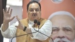 BJP national president JP Nadda speaks during the launch of 'Lokkho Sonar Bangla' campaign, at the state BJP election office in Kolkata on Thursday. (PTI PHOTO).