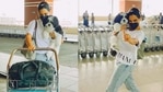 Samyuktha Menon with her dog at the airport. Samyuktha Menon with her dog at the airport.